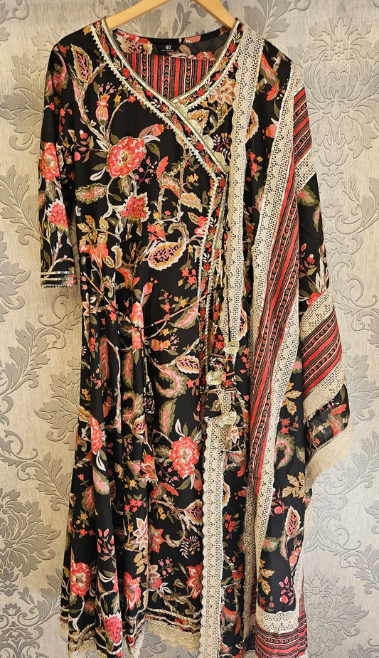SM black and red colour cotton fabric floral print and embroidery long dress maxi with dupatta and trousers - Womenswear traditional dress
