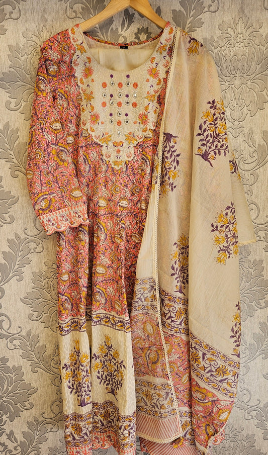 SM coral pink and white colour cotton fabric floral print and embroidery long dress maxi with dupatta and trousers - Womenswear traditional dress