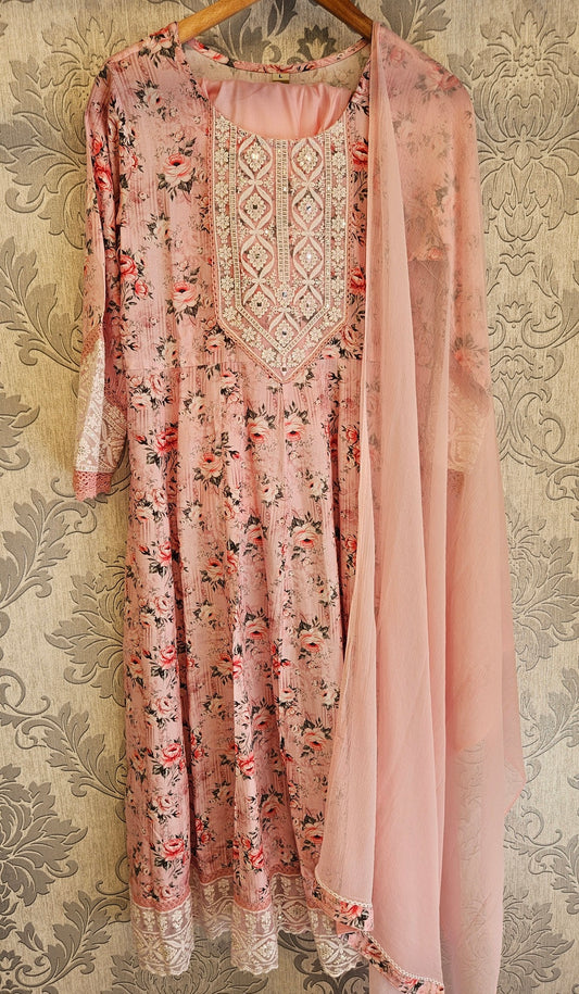 SM cotton baby pink floral print and embroidery long dress maxi with dupatta and trousers - Womenswear traditional dress