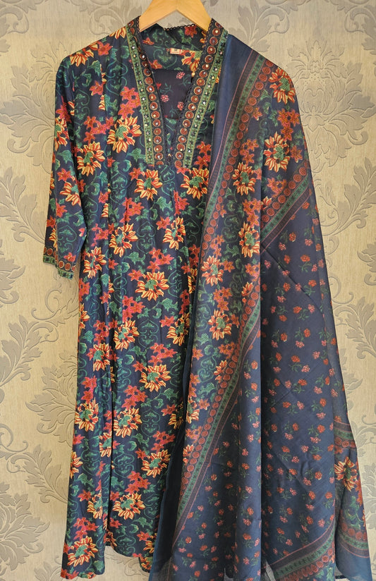 SM cotton blue and pink colour floral print and embroidery long dress maxi with dupatta and trousers - Womenswear traditional dress