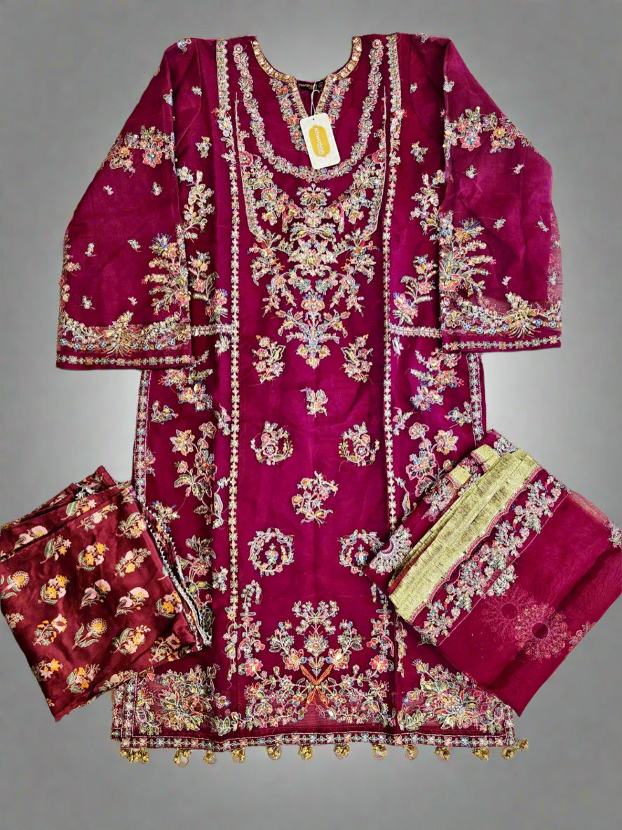 HUSS ruby plum and gold colour luxury hand embellished kameez and sharara