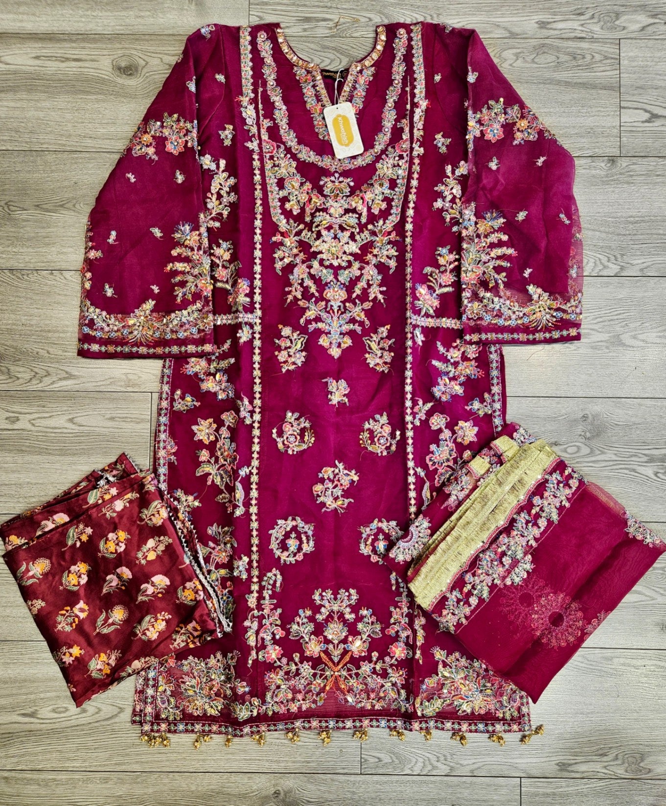 HUSS ruby plum and gold colour luxury hand embellished kameez and sharara