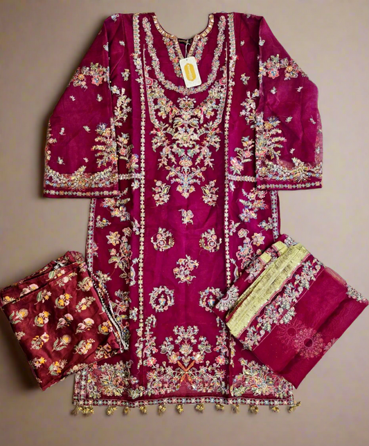 HUSS ruby red and gold colour luxury hand embellished kameez and sharara organza fabric embroidery dupatta in sizes [M to 5XL] womenswear traditional fancy plus size clothing