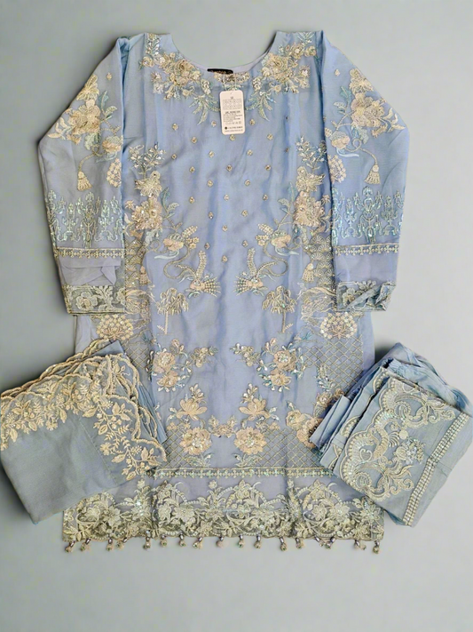 SER cornflower blue and silver colour luxury hand embellished shalwar kameez chiffon fabric embroidery dupatta in sizes [M to 5XL] womenswear traditional fancy plus size clothing