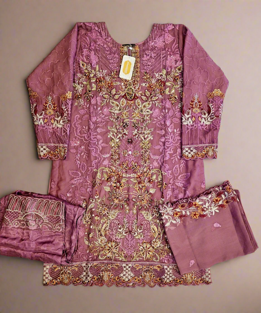 FLS rose pink and silver colour luxury hand embellished shalwar kameez chiffon fabric embroidery dupatta in sizes [M to 5XL] womenswear traditional fancy plus size clothing