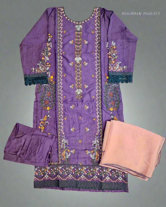CRM purpureus and creamy peach colour thread and laser cut chikan embroidered linen fabric shalwar kameez with embroidery dupatta in sizes [M to 7XL] womenswear traditional plus size clothing