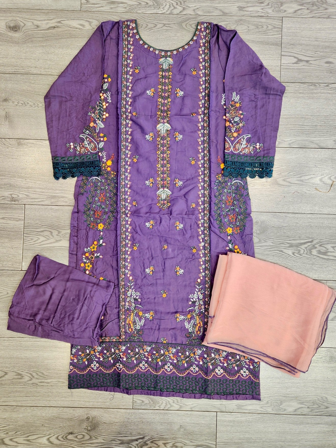 CRM purpureus and creamy peach colour thread and laser cut chikan embroidered linen fabric shalwar kameez with embroidery dupatta in sizes [M to 7XL] womenswear traditional plus size clothing