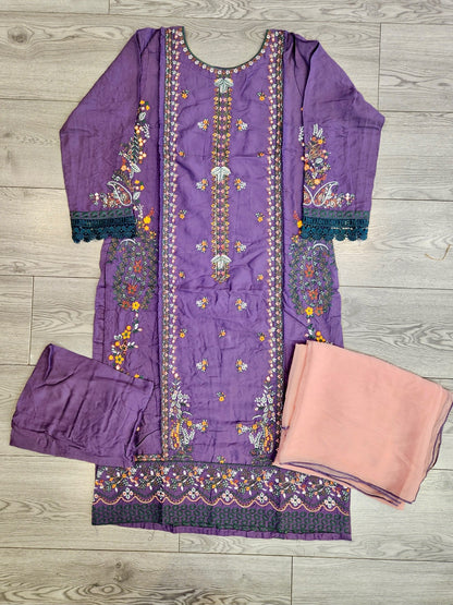 CRM purpureus and creamy peach colour thread and laser cut chikan embroidered linen fabric shalwar kameez with embroidery dupatta in sizes [M to 7XL] womenswear traditional plus size clothing