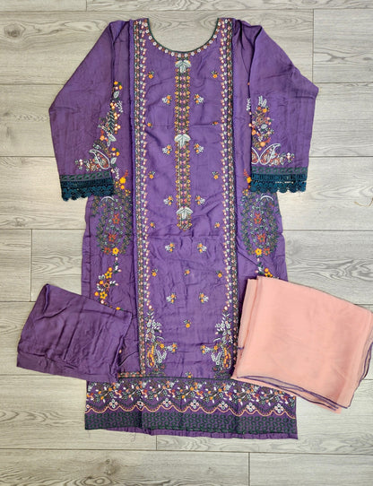 CRM purpureus and creamy peach colour thread and laser cut chikan embroidered linen fabric shalwar kameez with embroidery dupatta in sizes [M to 7XL] womenswear traditional plus size clothing