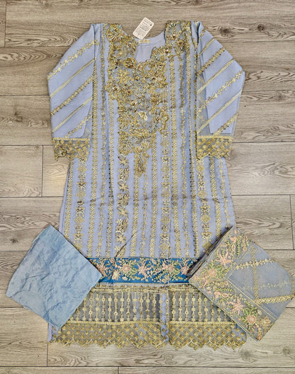 EMA cornflower blue and gold colour luxury hand embellished shalwar kameez chiffon fabric embroidery dupatta in sizes [M to 5XL] womenswear traditional fancy plus size clothing
