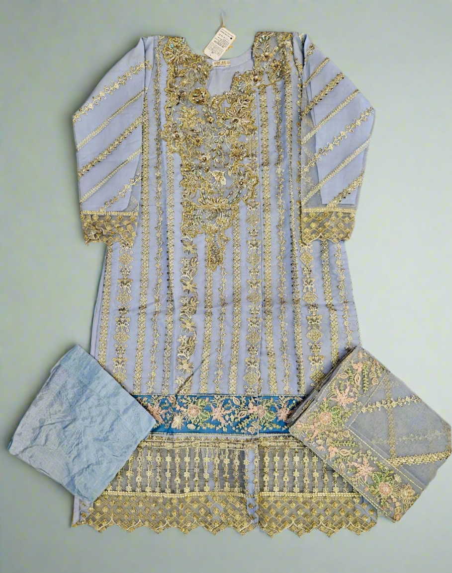 EMA cornflower blue and gold colour luxury hand embellished shalwar kameez