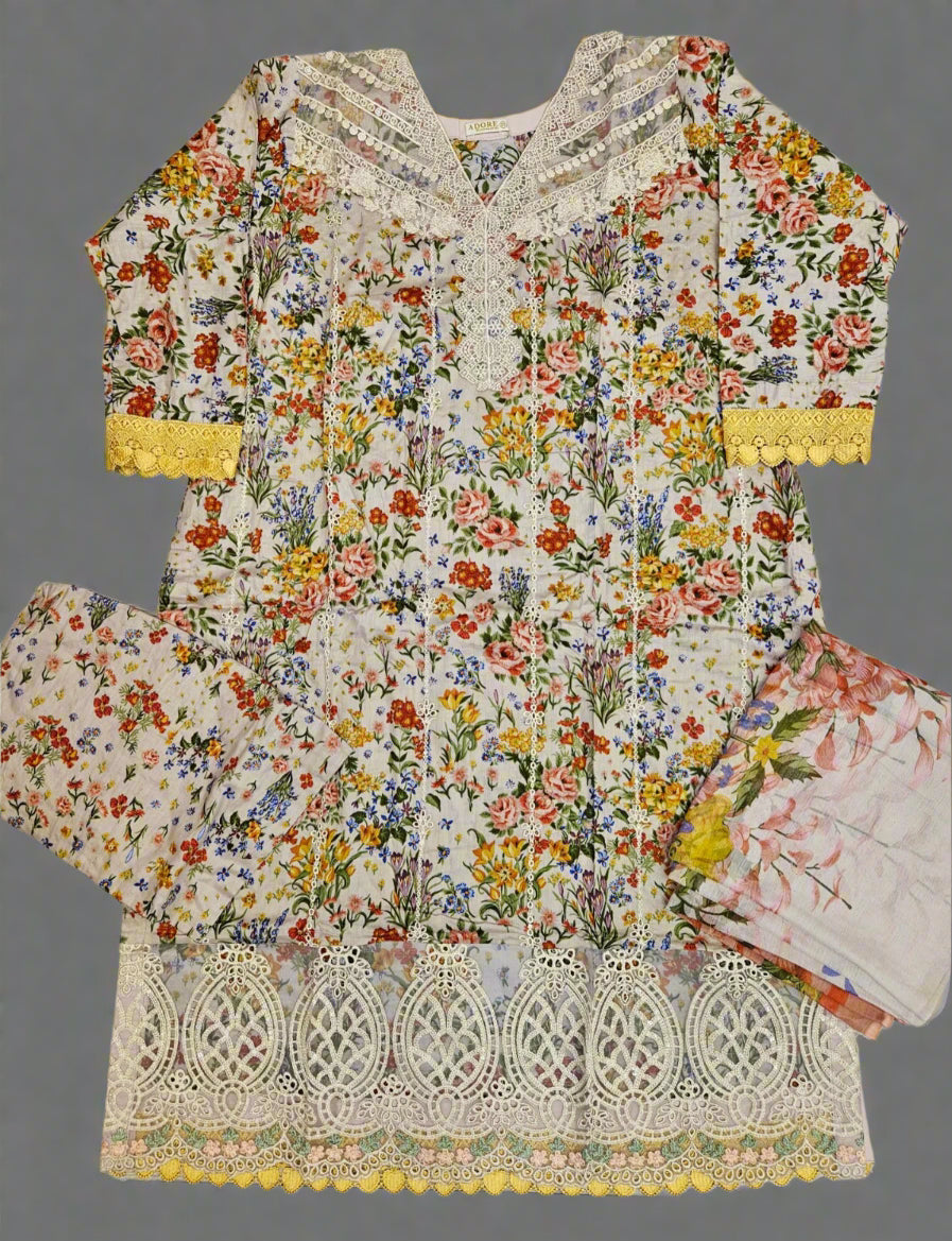 MB white and lemon yellow colour thread and laser cut chikan embroidered cotton fabric shalwar kameez with embroidery dupatta in sizes [M to 7XL] womenswear traditional plus size clothing