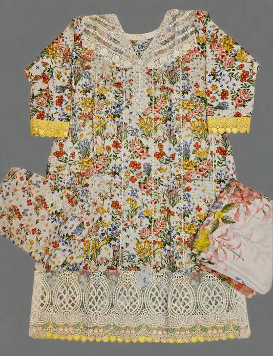 MB white and lemon yellow colour thread and laser cut chikan embroidered cotton fabric shalwar kameez with embroidery dupatta in sizes [M to 7XL] womenswear traditional plus size clothing