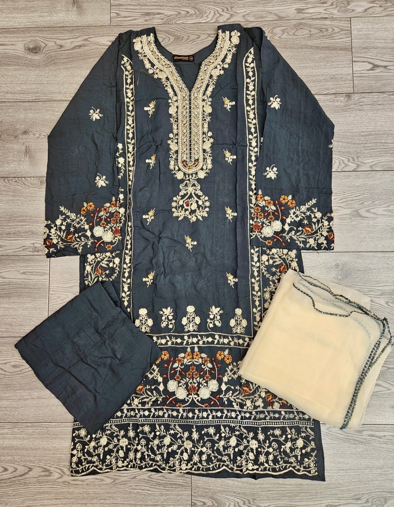 CRM feldgrau and cream colour thread and laser cut chikan embroidered linen fabric shalwar kameez with embroidery dupatta in sizes [M to 7XL] womenswear traditional plus size clothing