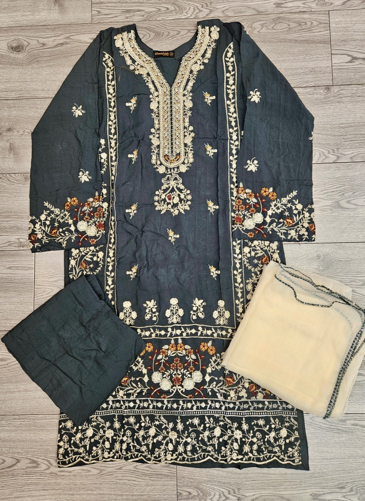 CRM feldgrau and cream colour thread and laser cut chikan embroidered linen fabric shalwar kameez with embroidery dupatta in sizes [M to 7XL] womenswear traditional plus size clothing