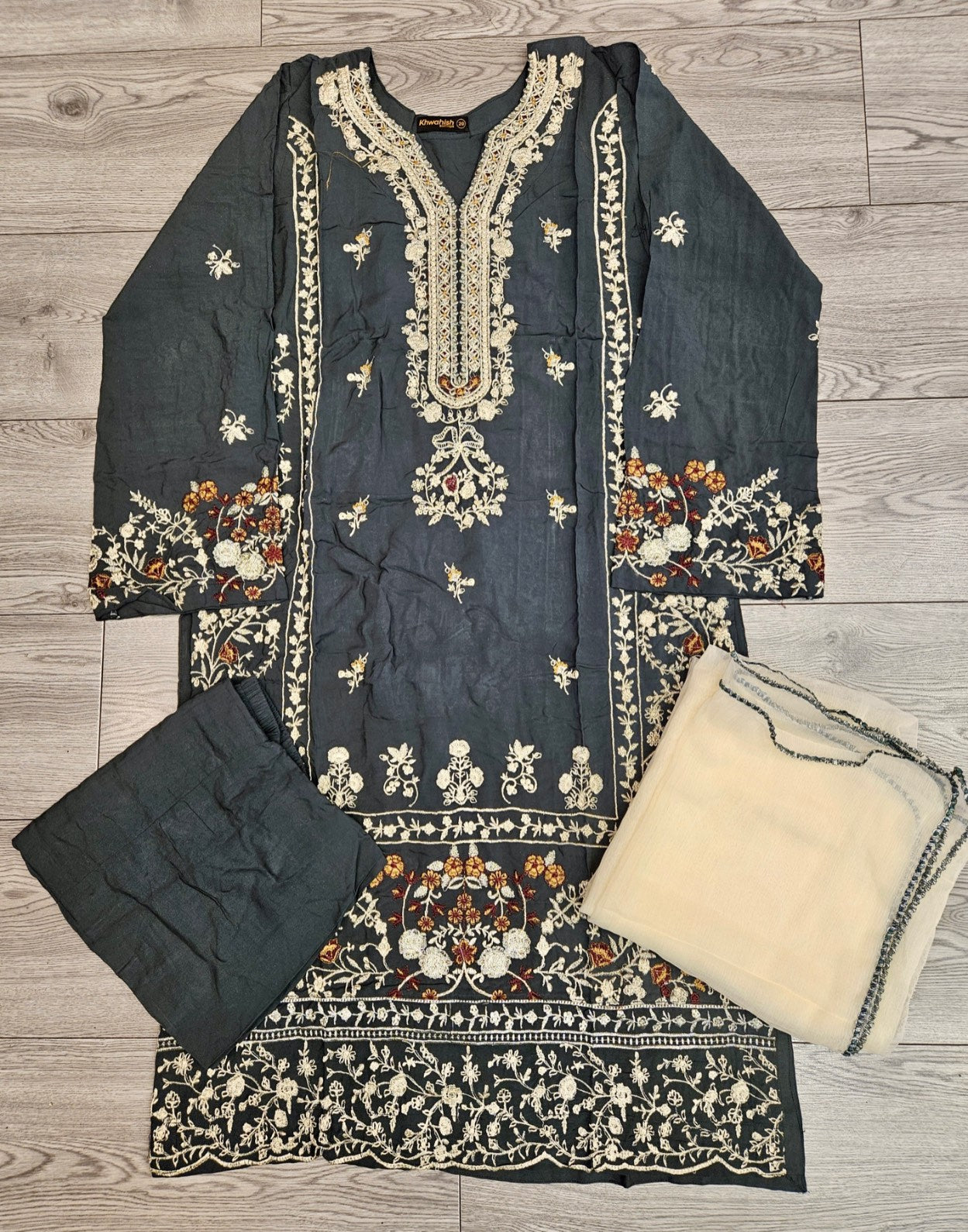 CRM feldgrau and cream colour thread and laser cut chikan embroidered linen fabric shalwar kameez with embroidery dupatta in sizes [M to 7XL] womenswear traditional plus size clothing