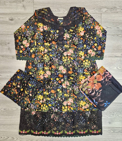 MB black colour thread and laser cut chikan embroidered cotton fabric shalwar kameez with embroidery dupatta in sizes [M to 7XL] womenswear traditional plus size clothing