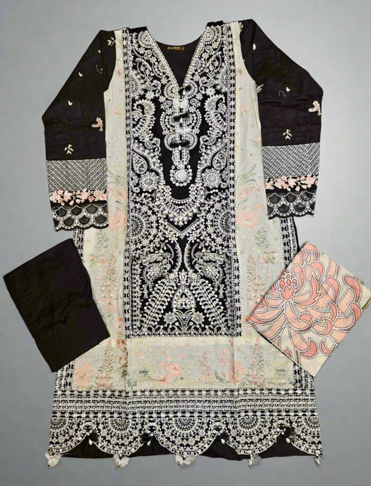 MB black and white colour thread and laser cut chikan embroidered cotton fabric shalwar kameez with embroidery dupatta in sizes [M to 7XL] womenswear traditional plus size clothing