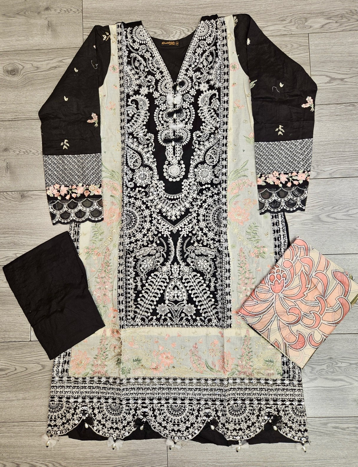 MB black and white colour thread and laser cut chikan embroidered cotton fabric shalwar kameez with embroidery dupatta in sizes [M to 7XL] womenswear traditional plus size clothing
