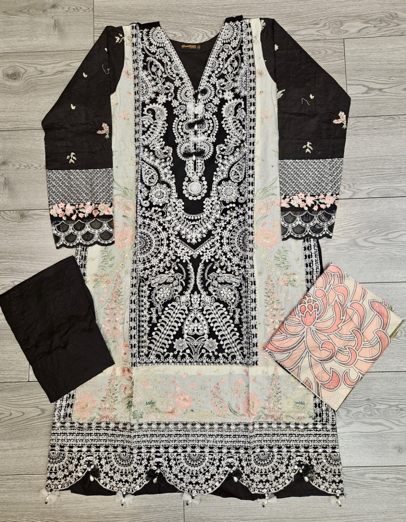 MB black and white colour thread and laser cut chikan embroidered cotton fabric shalwar kameez with embroidery dupatta in sizes [M to 7XL] womenswear traditional plus size clothing