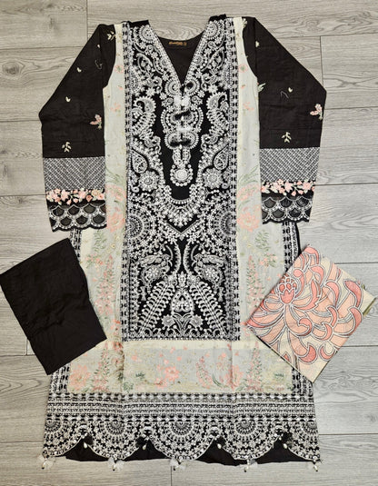 MB black and white colour thread and laser cut chikan embroidered cotton fabric shalwar kameez with embroidery dupatta in sizes [M to 7XL] womenswear traditional plus size clothing