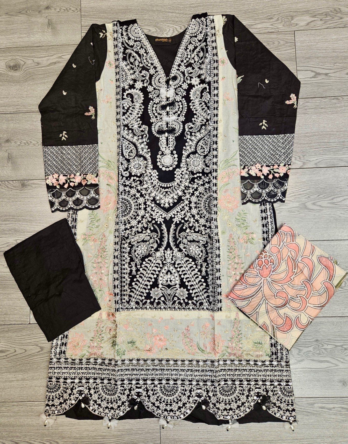MB black and white colour thread and laser cut chikan embroidered cotton fabric shalwar kameez with embroidery dupatta in sizes [M to 7XL] womenswear traditional plus size clothing