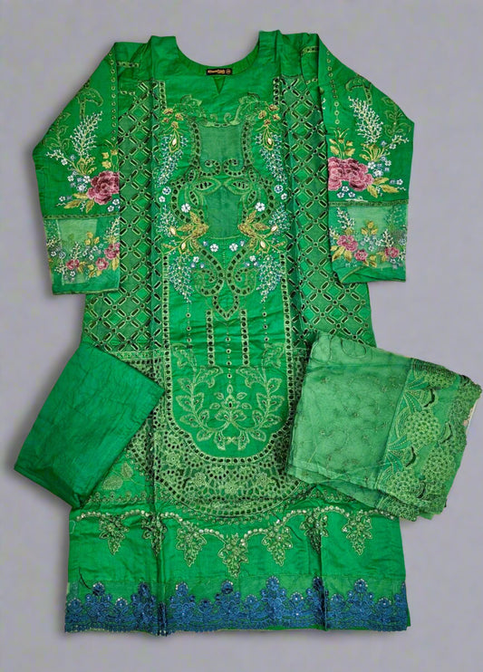 MB forest green colour thread and laser cut chikan embroidered cotton fabric shalwar kameez with embroidery dupatta in sizes [M to 7XL] womenswear traditional plus size clothing