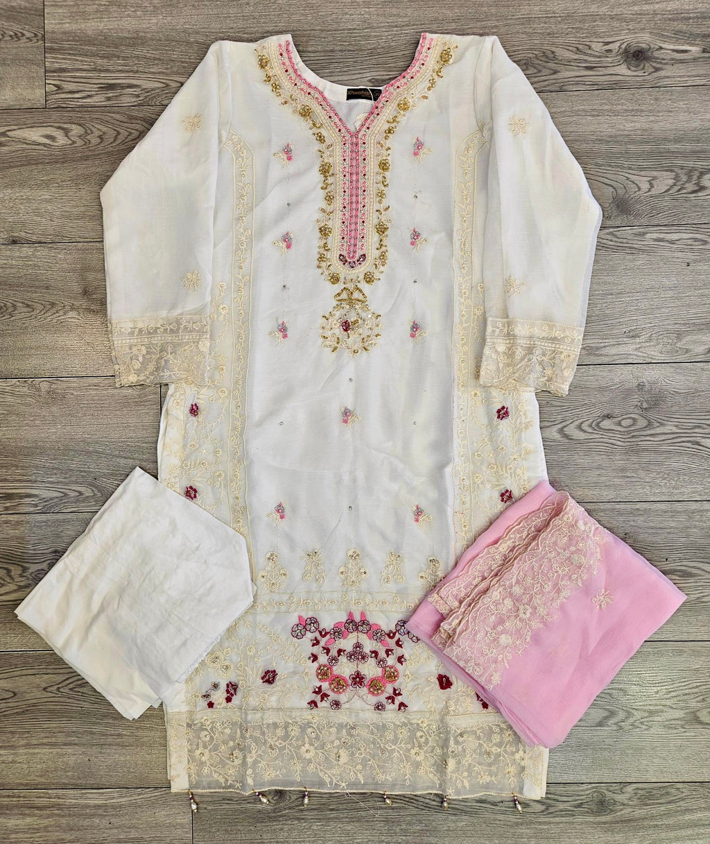 AG white and bubblegum pink colour hand embellished in pearls crystals stones