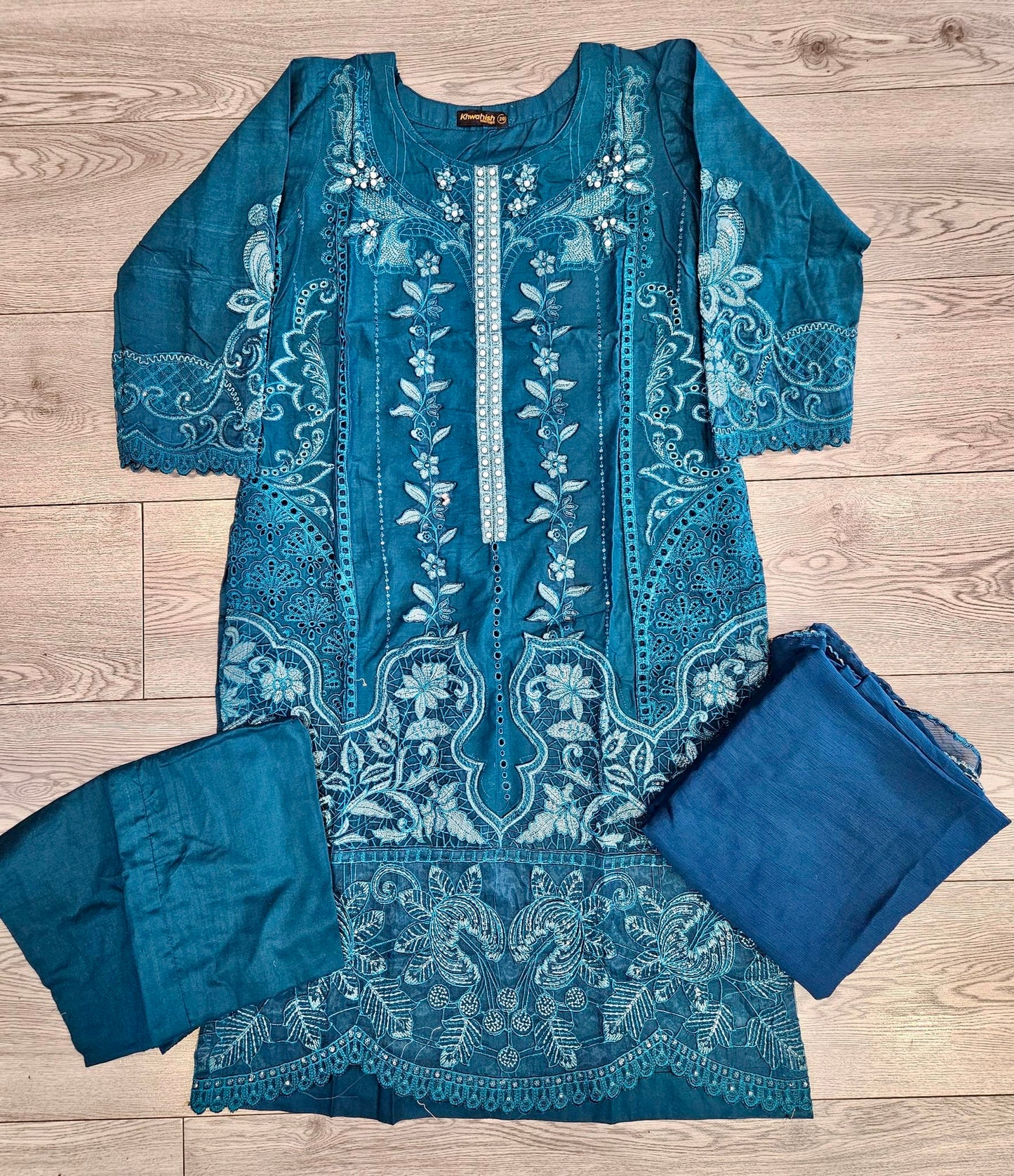 MB teal blue and silver colour laser cutwork chikan embroidery