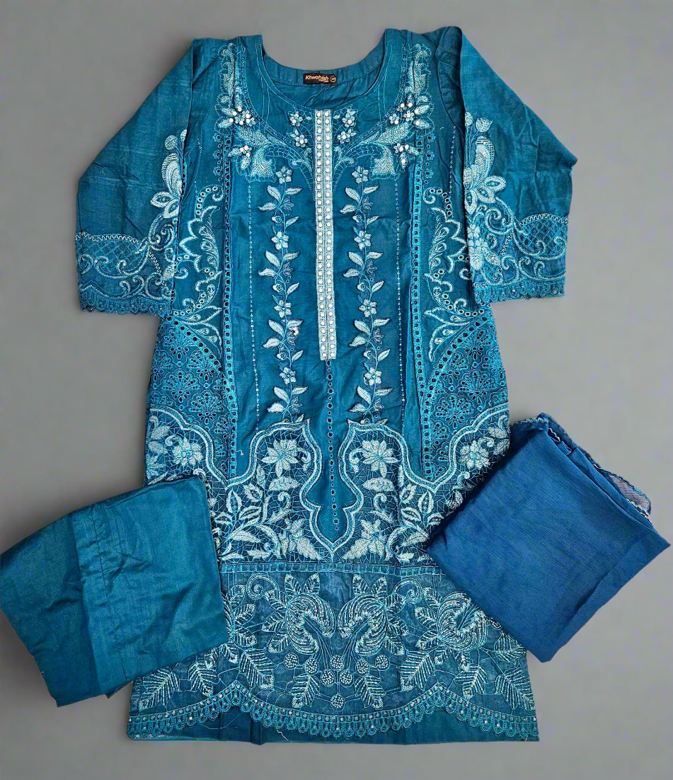 MB teal blue and silver colour laser cutwork chikan embroidery