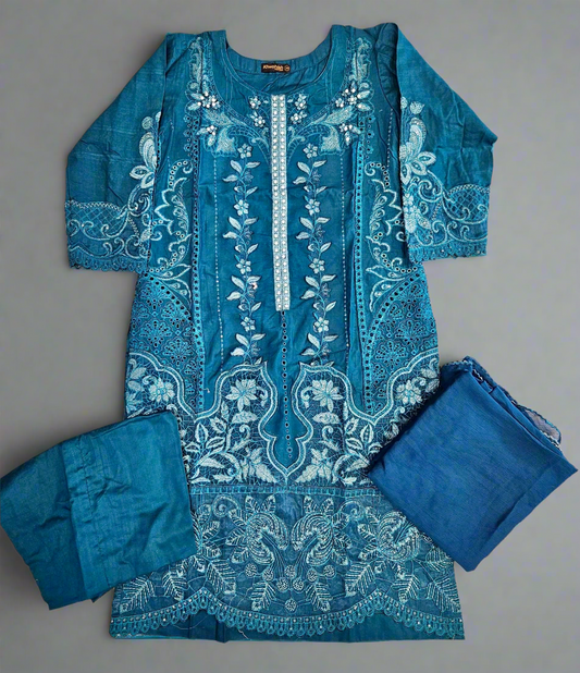 MB teal blue and silver colour laser cutwork chikan embroidery with thread work and sequins cotton fabric shalwar kameez in Sizes M to 8XL womenswear traditional clothing plus size comfort casual summer Eid