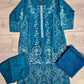 MB teal blue and silver colour laser cutwork chikan embroidery