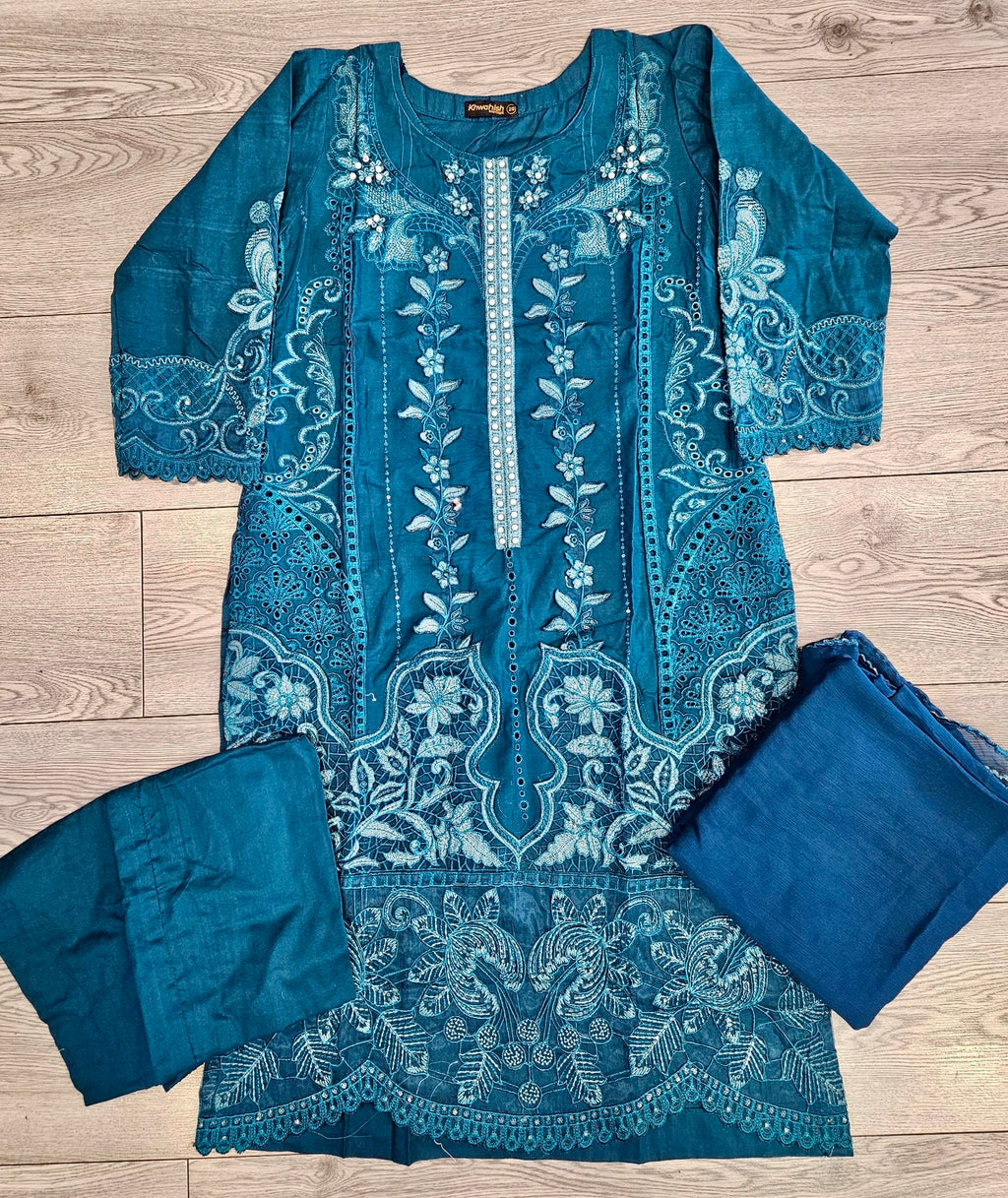 MB teal blue and silver colour laser cutwork chikan embroidery
