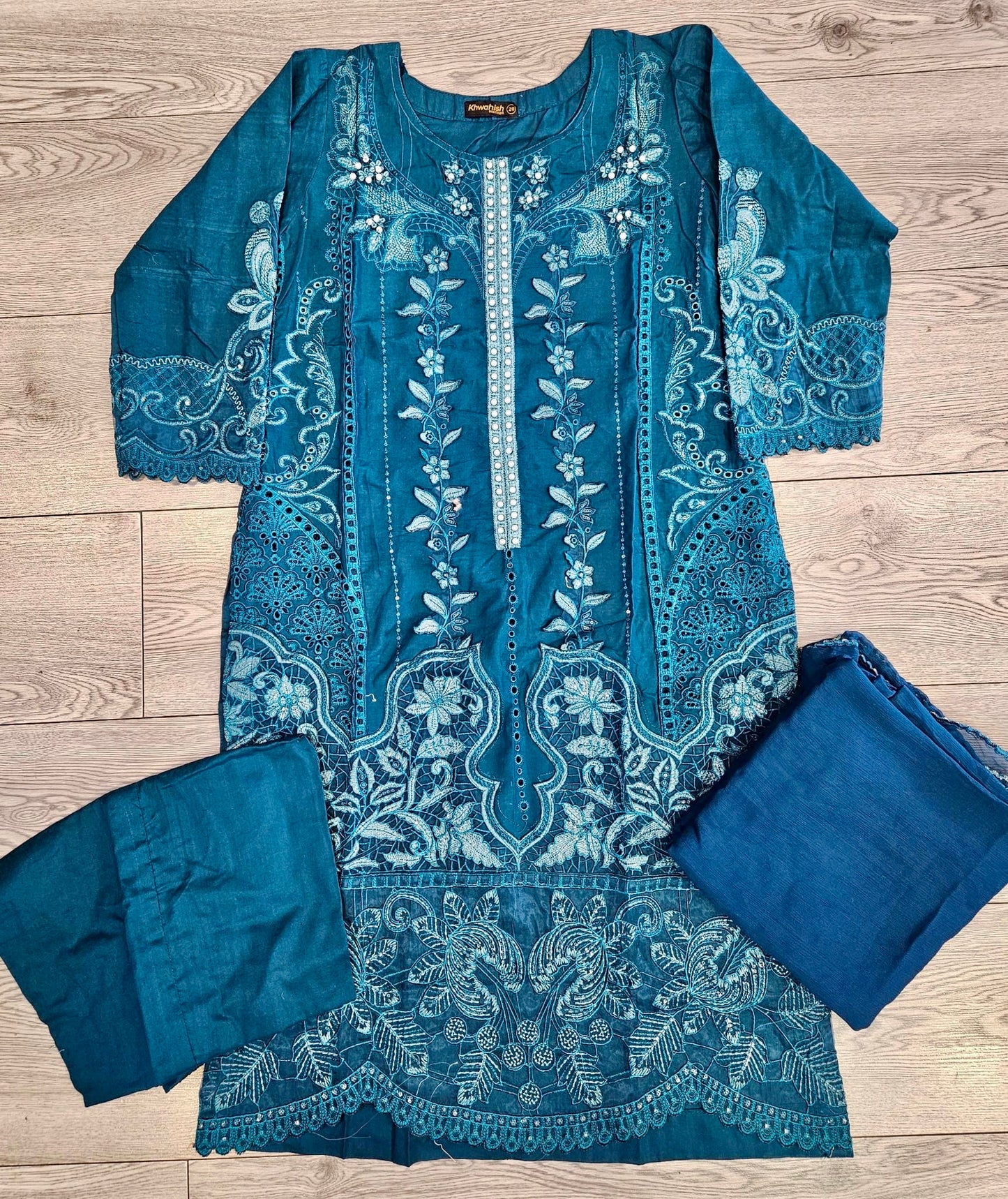 MB teal blue and silver colour laser cutwork chikan embroidery