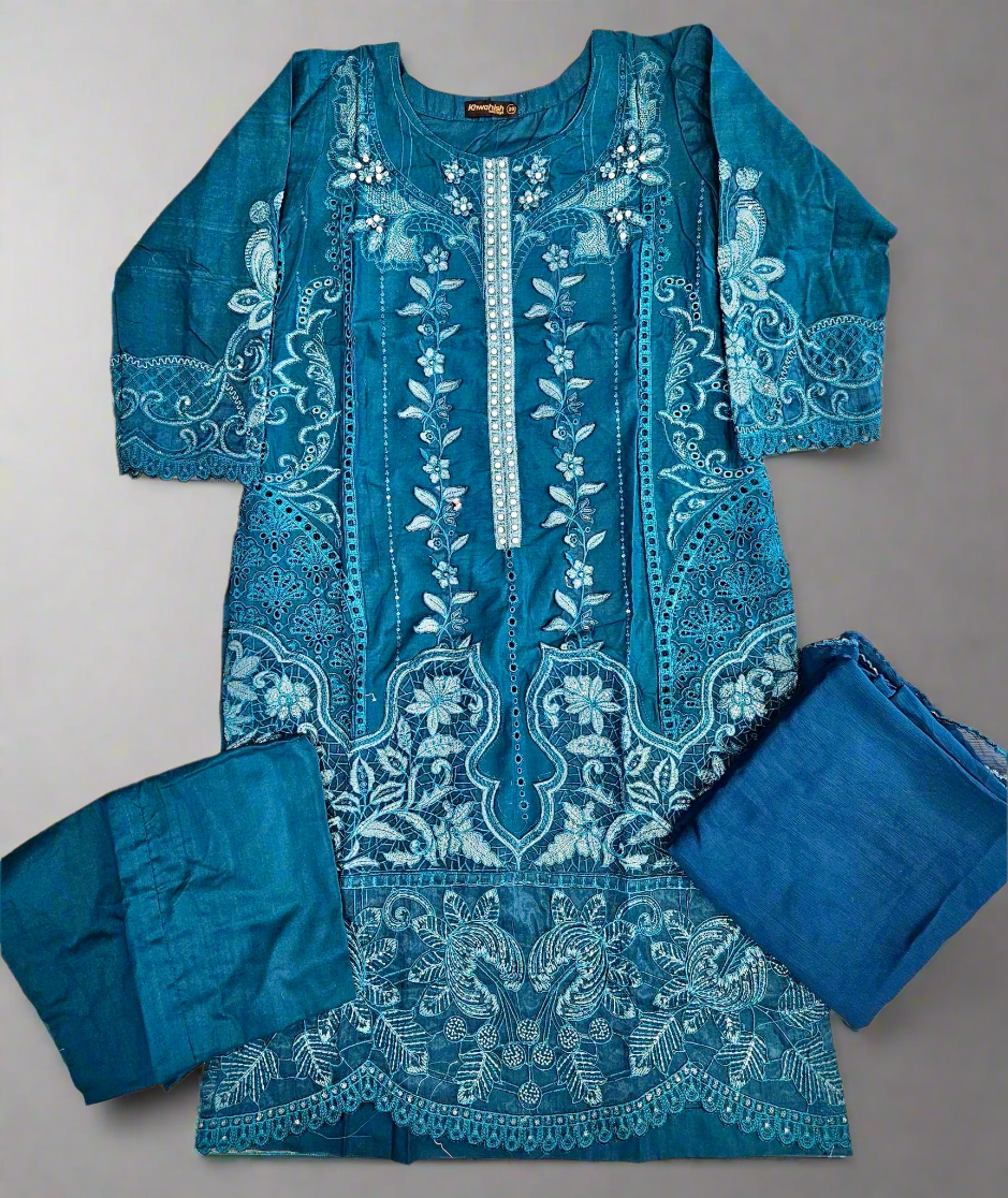 MB teal blue and silver colour laser cutwork chikan embroidery
