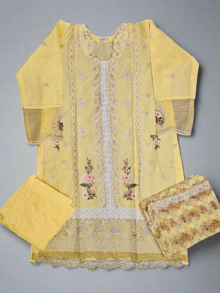 QMR pineapple yellow and pink colour laser cutwork chikan embroidery