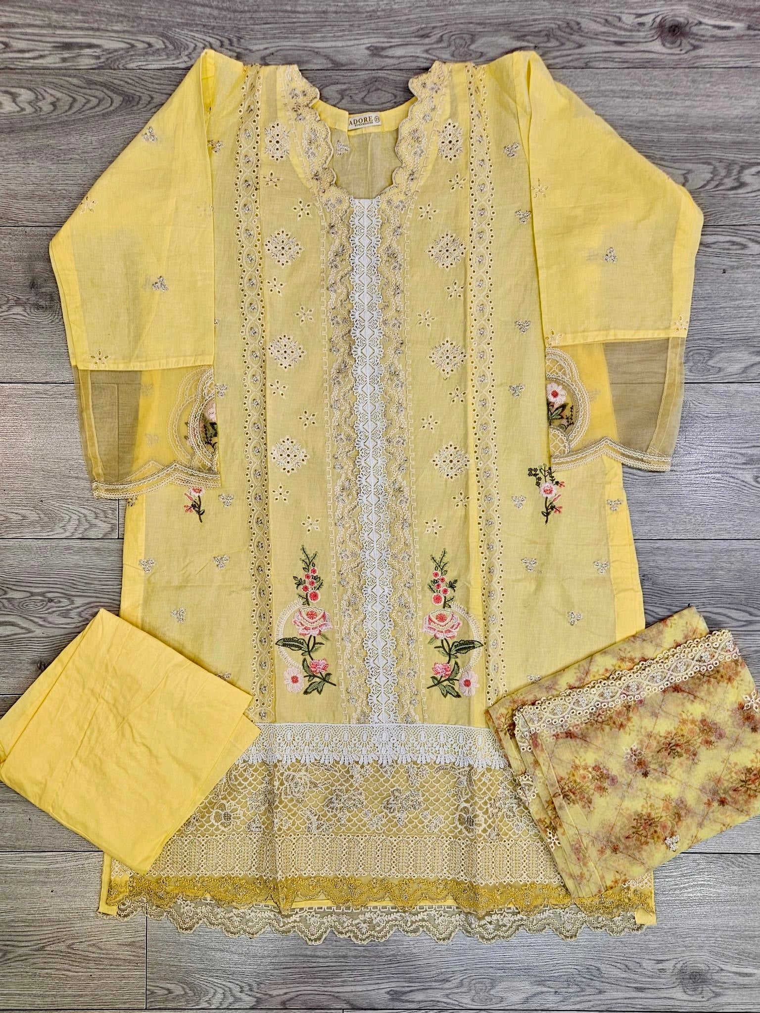 QMR pineapple yellow and pink colour laser cutwork chikan embroidery