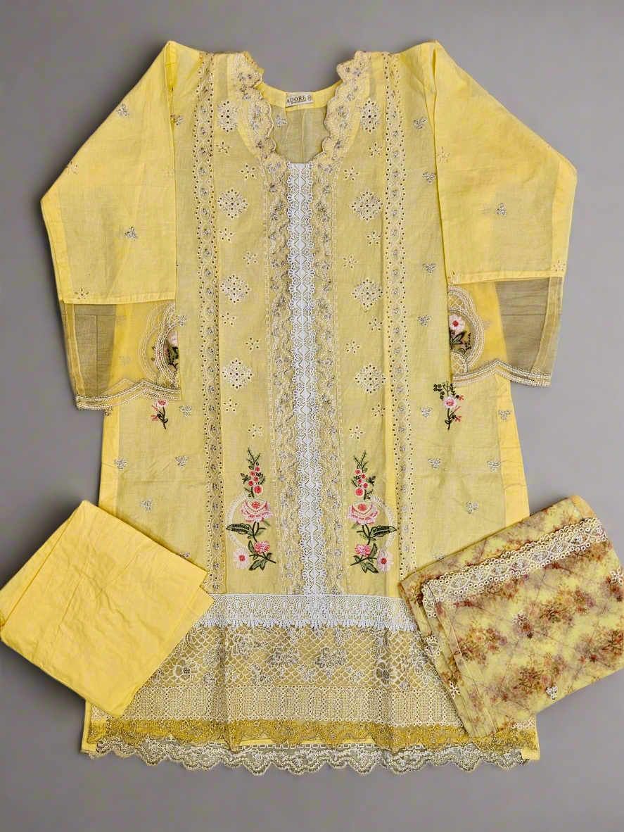 QMR pineapple yellow and pink colour laser cutwork chikan embroidery