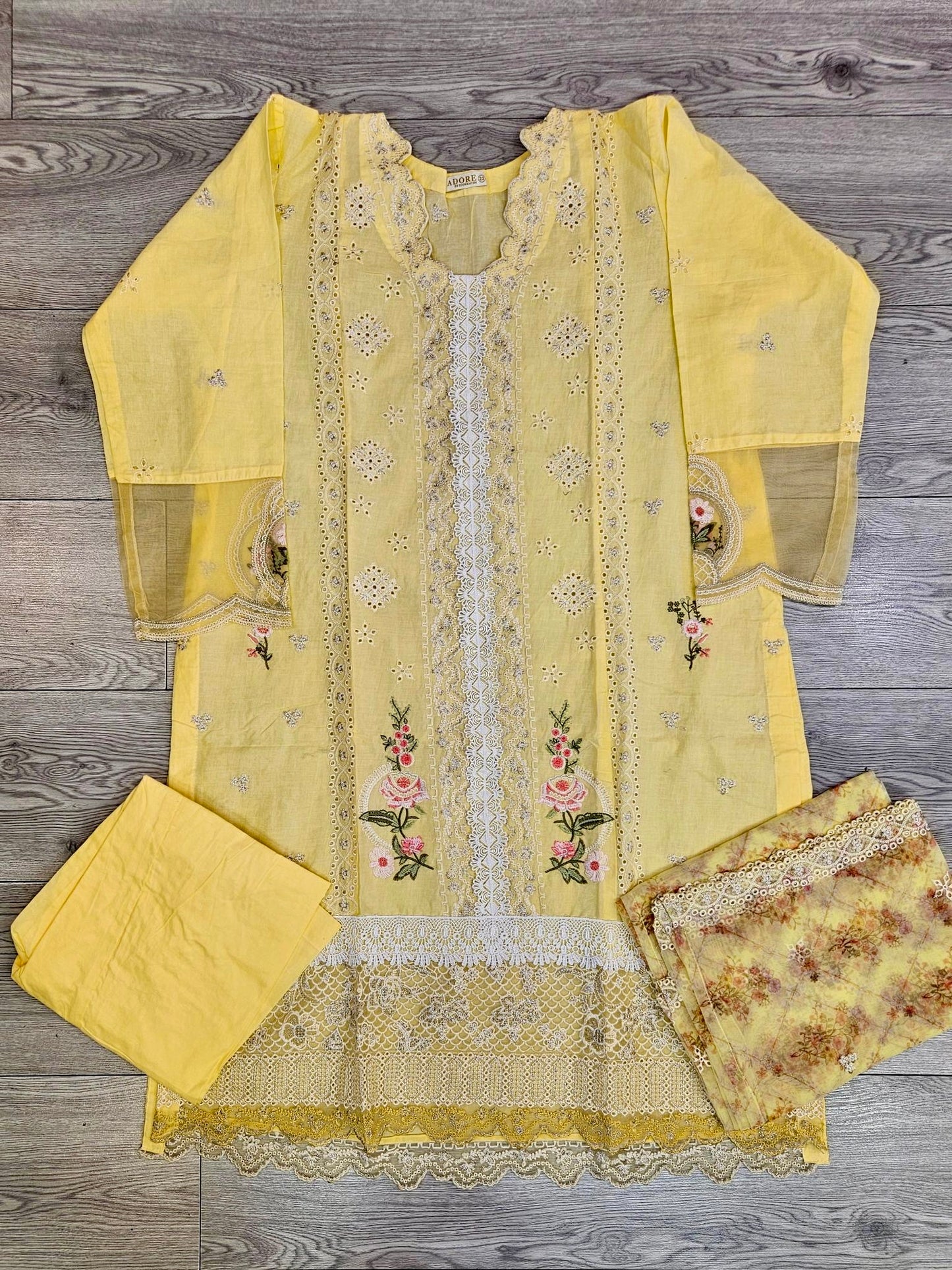 QMR pineapple yellow and pink colour laser cutwork chikan embroidery