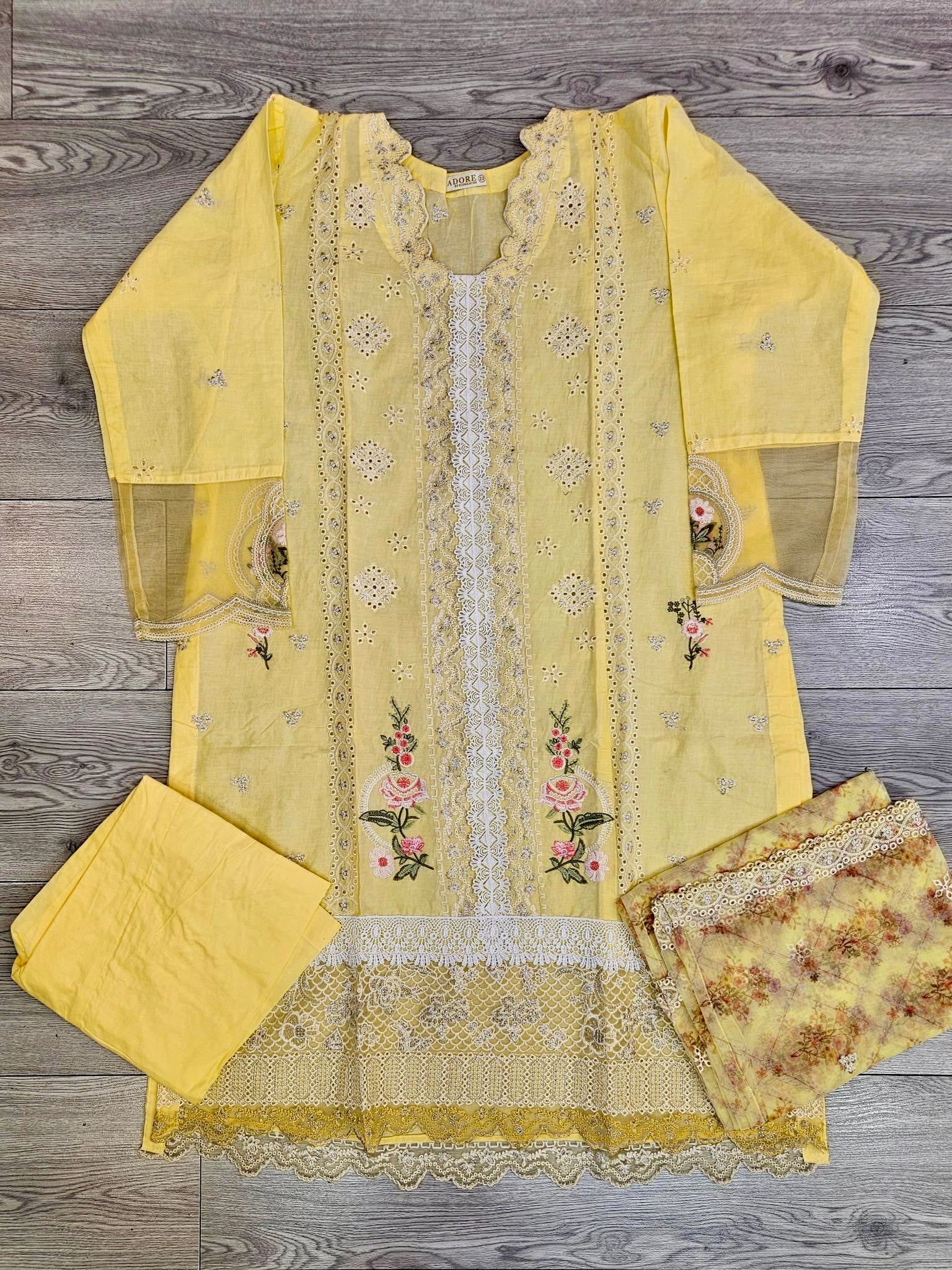 QMR pineapple yellow and pink colour laser cutwork chikan embroidery