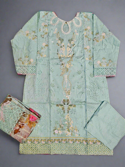 QKR viridian and forest green colour laser cutwork chikan embroidery with thread work and sequins cotton fabric shalwar kameez in Sizes M to 8XL womenswear traditional clothing plus size comfort casual summer Eid