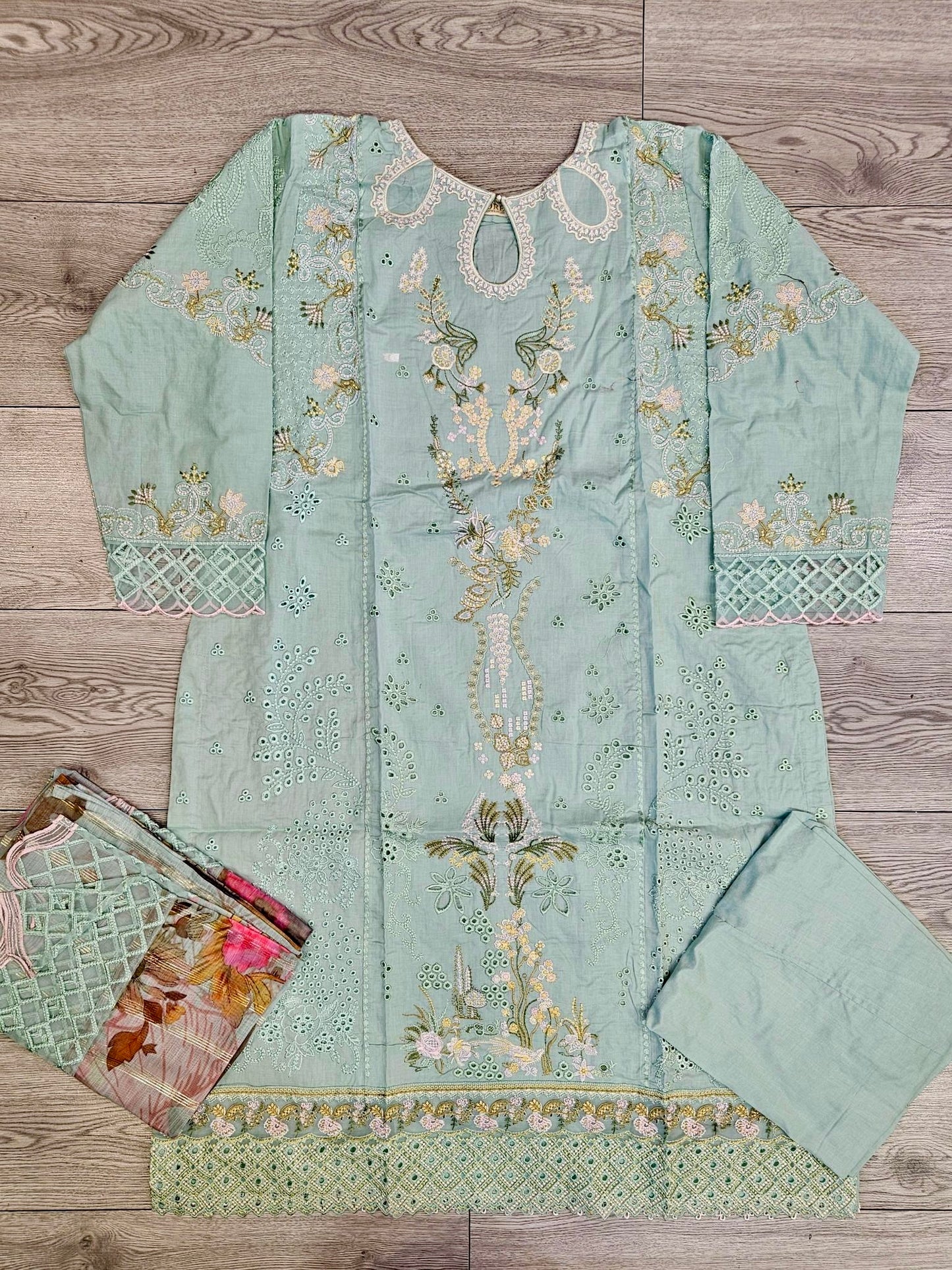 QKR viridian and forest green colour laser cutwork chikan embroidery with thread work and sequins cotton fabric shalwar kameez in Sizes M to 8XL womenswear traditional clothing plus size comfort casual summer Eid
