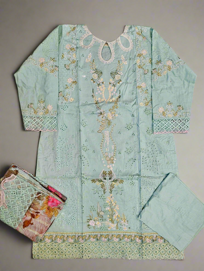 QKR viridian and forest green colour laser cutwork chikan embroidery with thread work and sequins cotton fabric shalwar kameez in Sizes M to 8XL womenswear traditional clothing plus size comfort casual summer Eid