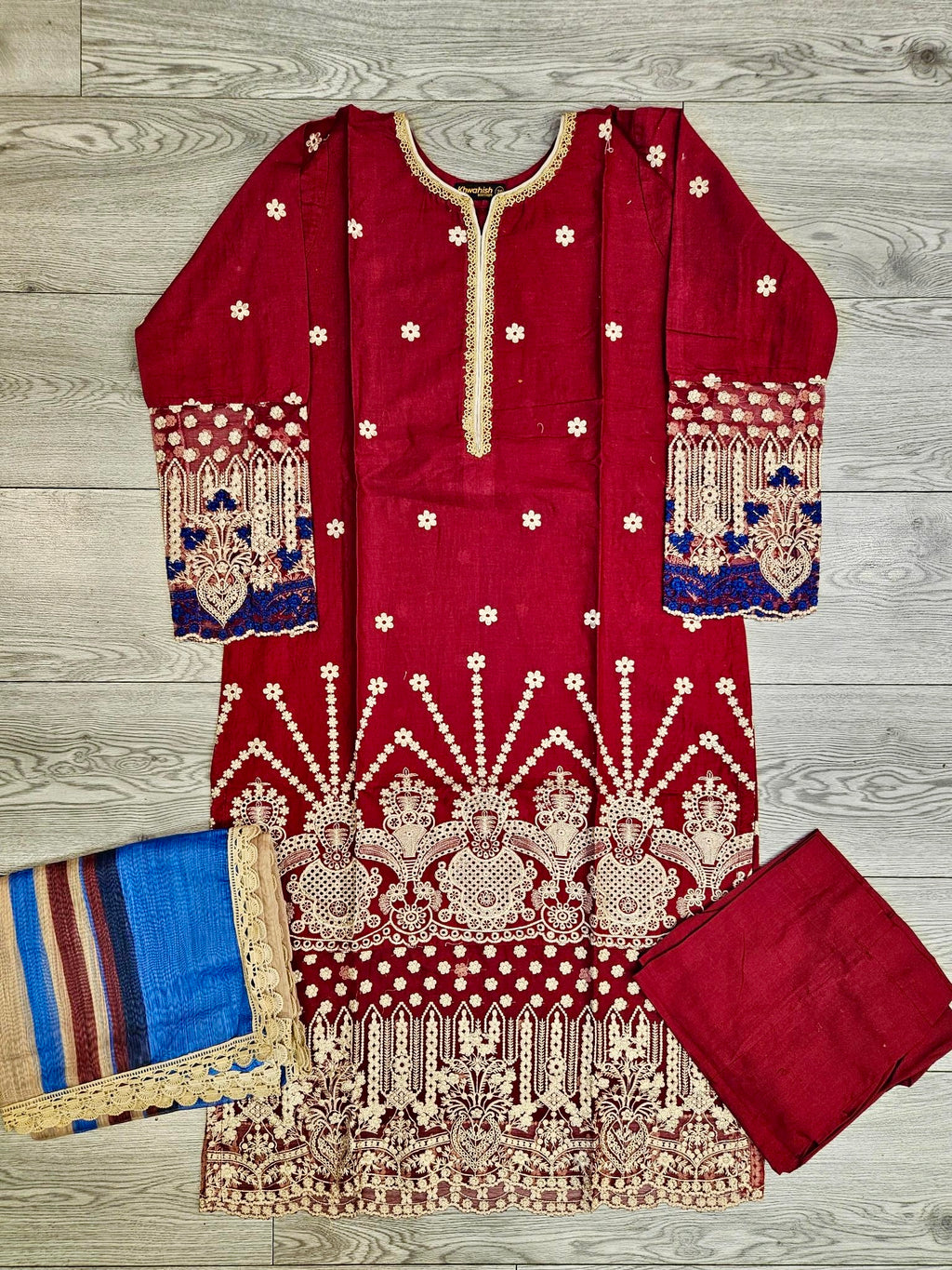 ZACHI ruby red and midnight blue colour laser cutwork chikan embroidery