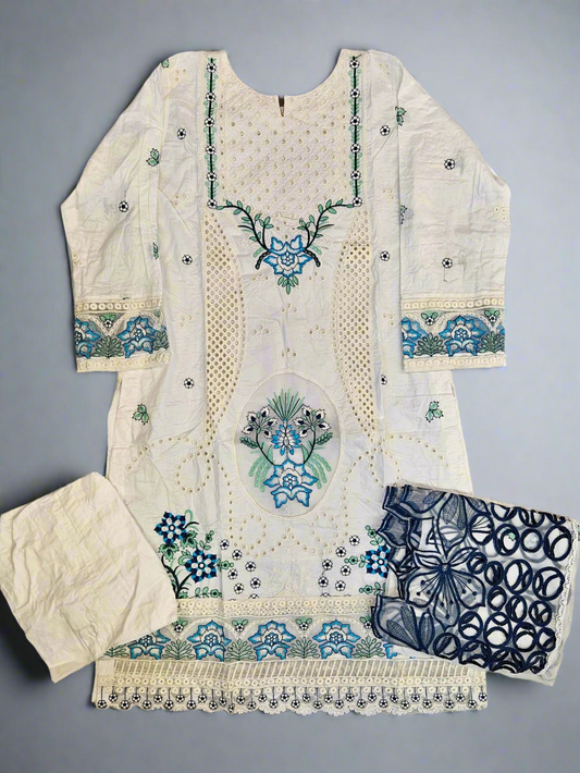 MB white and cornflower blue colour laser cutwork chikan embroidery with thread work and sequins cotton fabric shalwar kameez in Sizes M to 8XL womenswear traditional clothing plus size comfort casual summer Eid