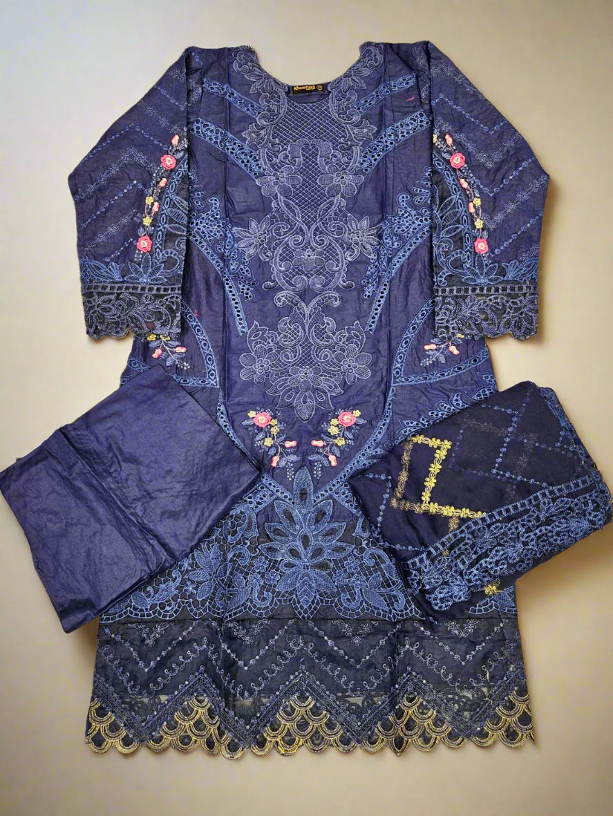 MB navy blue and gold colour laser cutwork chikan embroidery