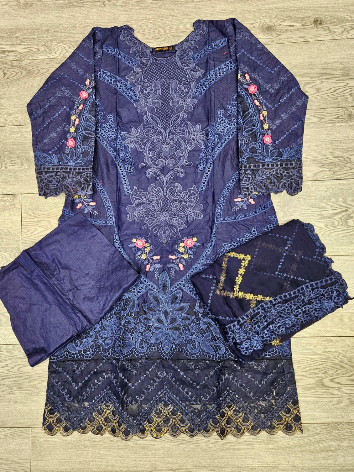 MB navy blue and gold colour laser cutwork chikan embroidery