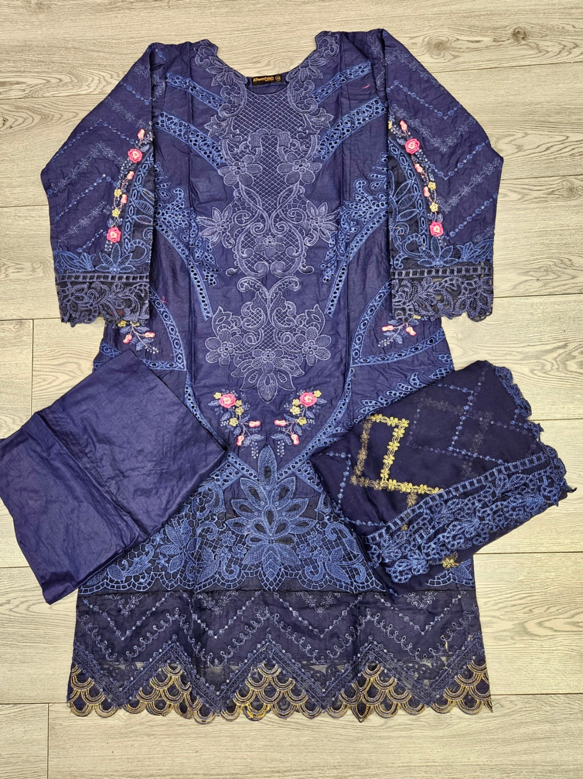 MB navy blue and gold colour laser cutwork chikan embroidery