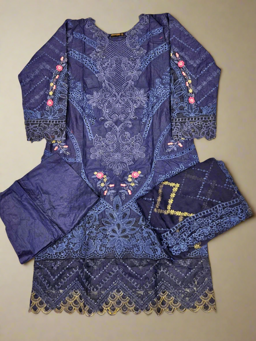 MB navy blue and gold colour laser cutwork chikan embroidery