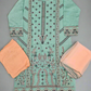 CRM blue green and peach colour thread embroidery linen fabric shalwar kameez
